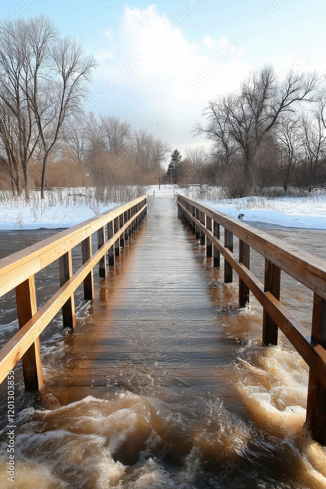 Naklejka premium Flooded wooden bridge leads to a serene winter landscape with snow and trees under a bright blue sky. Generative AI