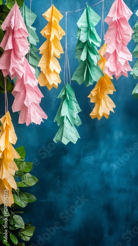 Colorful paper bunting decorations hanging on a teal wall for a festive celeb...