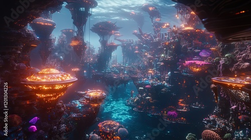 Submerged Futuristic City Illuminated Among Bioluminescent Coral photo