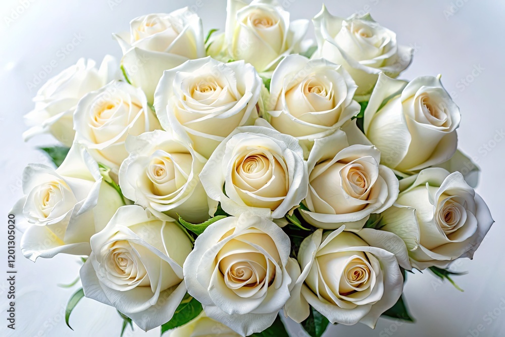 Overhead view of a pristine white rose bouquet, elegantly arranged. Overhead view of a pristine white rose bouquet, elegantly arranged.