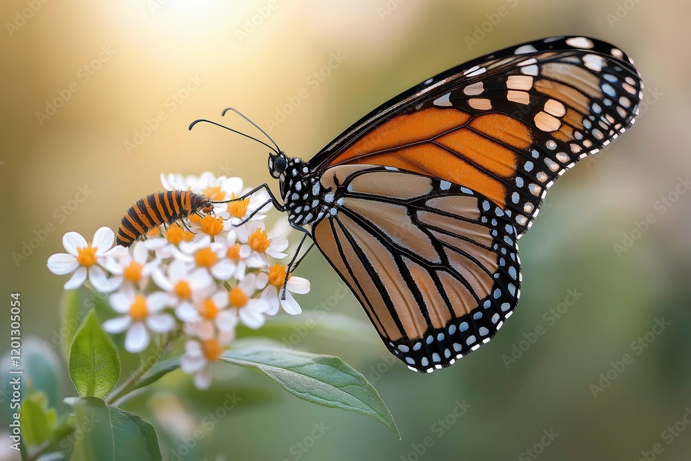 Vibrant butterfly and tiny caterpillar share morning sunlight on delicate blooming flowers in a tranquil garden. Generative AI Vibrant butterfly and tiny caterpillar share morning sunlight on delicate blooming flowers in a tranquil garden. Generative AI