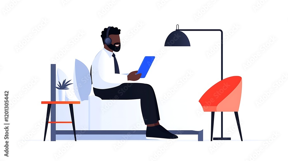 A Black man works remotely from his bed using a laptop and wireless headphones in a minimalist, modern bedroom setting. A Black man works remotely from his bed using a laptop and wireless headphones in a minimalist, modern bedroom setting.