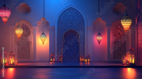 Illuminated Islamic Architecture with Hanging Lanterns and Candles