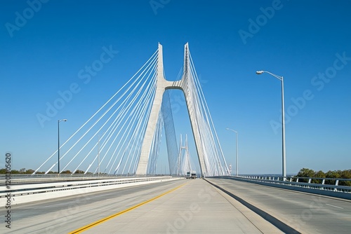 Modern cable-stayed bridge spans blue sky.