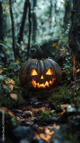 Carved pumpkin with spooky face in wooded area during autumn season