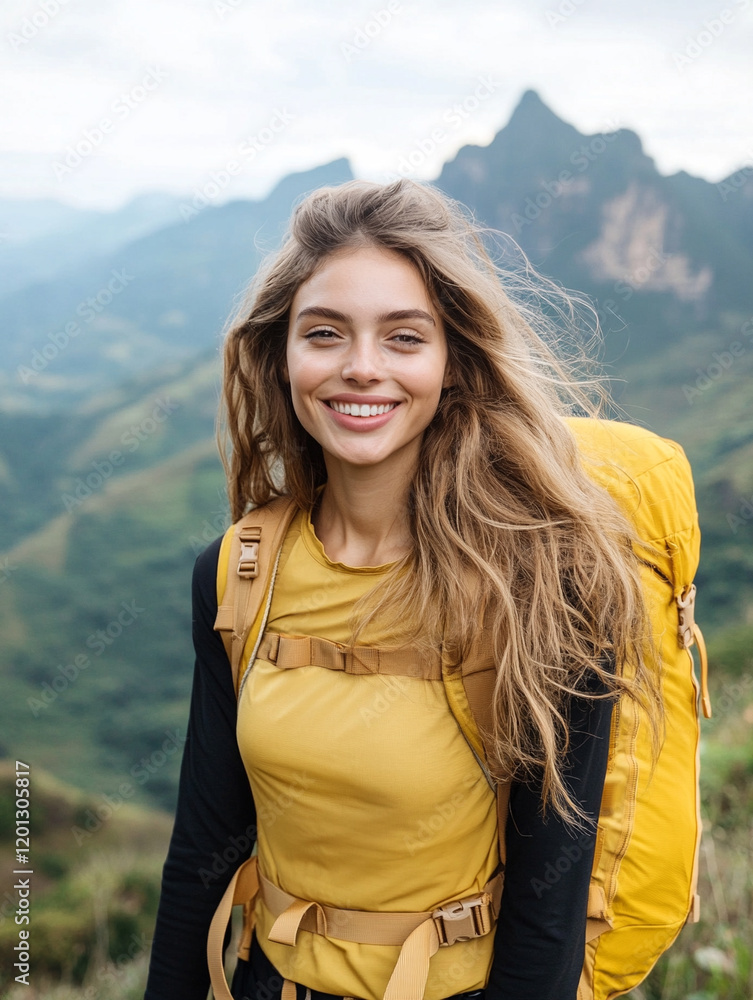 Smiling woman hiking in mountain landscape Smiling woman hiking in mountain landscape