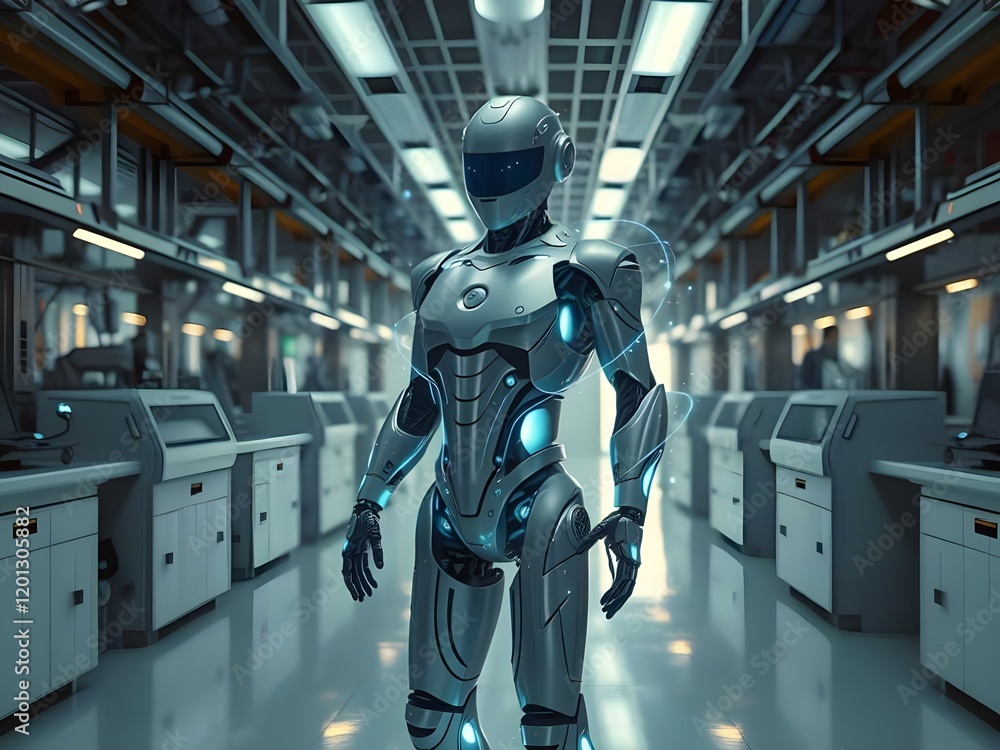 Futuristic AI robot standing in a modern lab with glowing blue interface holograms Futuristic AI robot standing in a modern lab with glowing blue interface holograms
