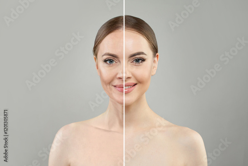 Fotografija Pretty woman before and after posing on white background