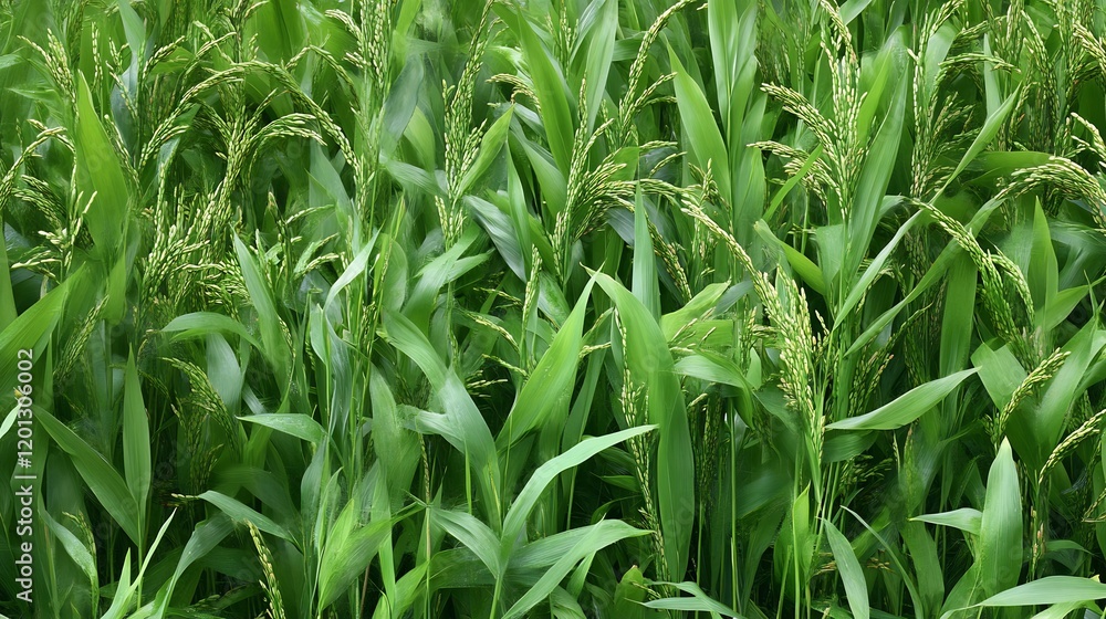 Lush green millet field, sunny day, agriculture, rural scene, food production Lush green millet field, sunny day, agriculture, rural scene, food production
