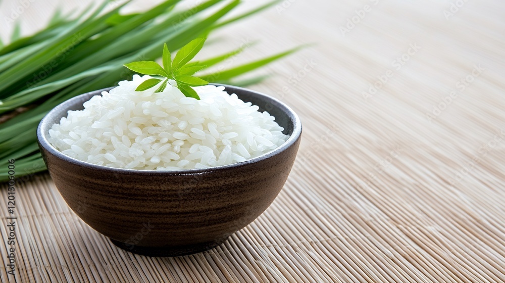 Cooked rice bowl, green garnish, bamboo mat background; food photography Cooked rice bowl, green garnish, bamboo mat background; food photography