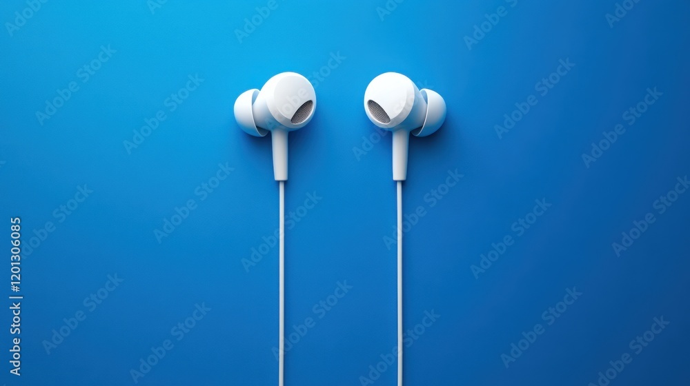 White wired earbuds on solid blue background perfect for design project background White wired earbuds on solid blue background perfect for design project background
