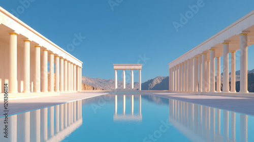 An artistic representation of Euclidean geometry principles applied to architectural designs of Hellenistic buildings, emphasizing symmetry and proportion, photo