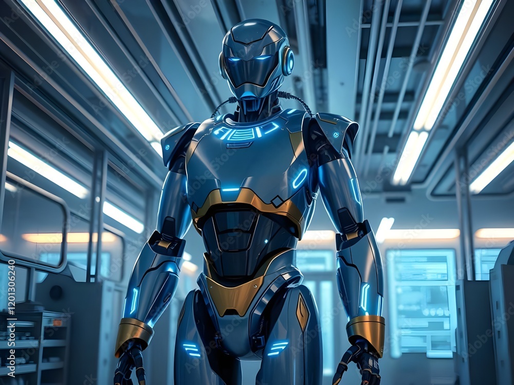 Futuristic AI robot standing in a modern lab with glowing blue interface holograms Futuristic AI robot standing in a modern lab with glowing blue interface holograms