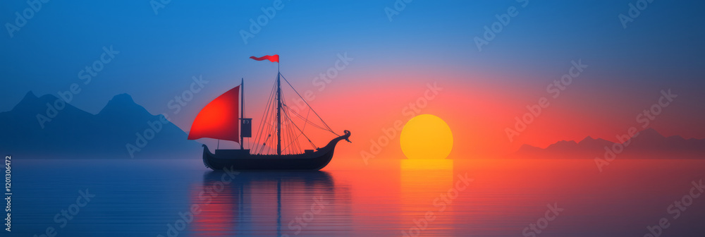 Fototapeta premium A vibrant illustration of a Hellenistic ship equipped with advanced navigation tools, highlighting the eraâ€™s maritime technology and exploration,