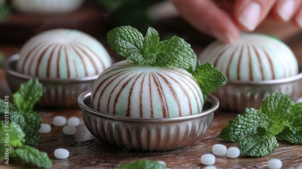 Elegant Mint Decorated Spherical Desserts Elegant Mint Decorated Spherical Desserts