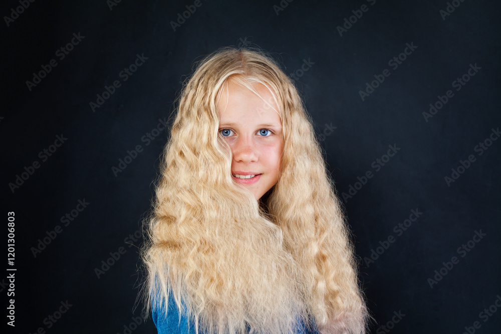 Smiling child with blond long wavy hair looking at camera on black background, fashion portrait Smiling child with blond long wavy hair looking at camera on black background, fashion portrait