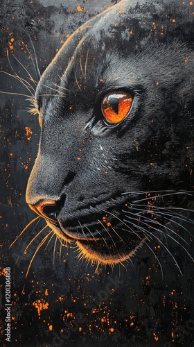 Majestic black cat with striking orange eyes and snowflakes in a dark, enchan...