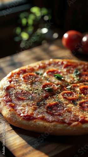 Delicious homemade pizza on wooden board in cozy kitchen with warm lighting