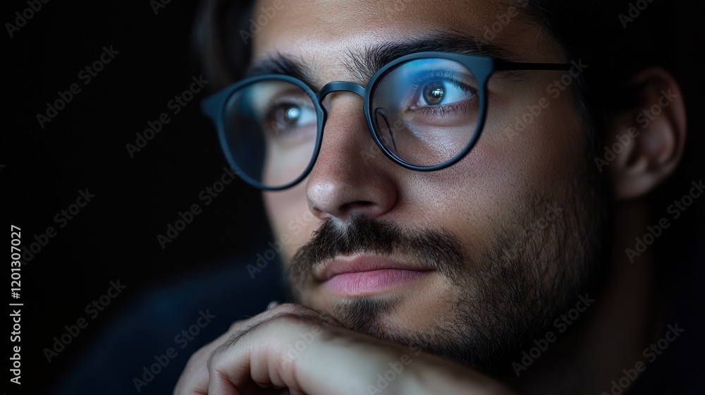 Contemplative young adult caucasian male with glasses in low light Contemplative young adult caucasian male with glasses in low light