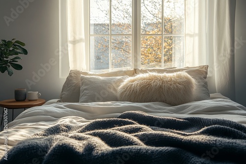 Cozy bedroom setup featuring warm blankets and decorative pillows with natura...