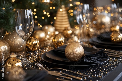Elegant golden festive table setting with decorative elements and sparkling d...
