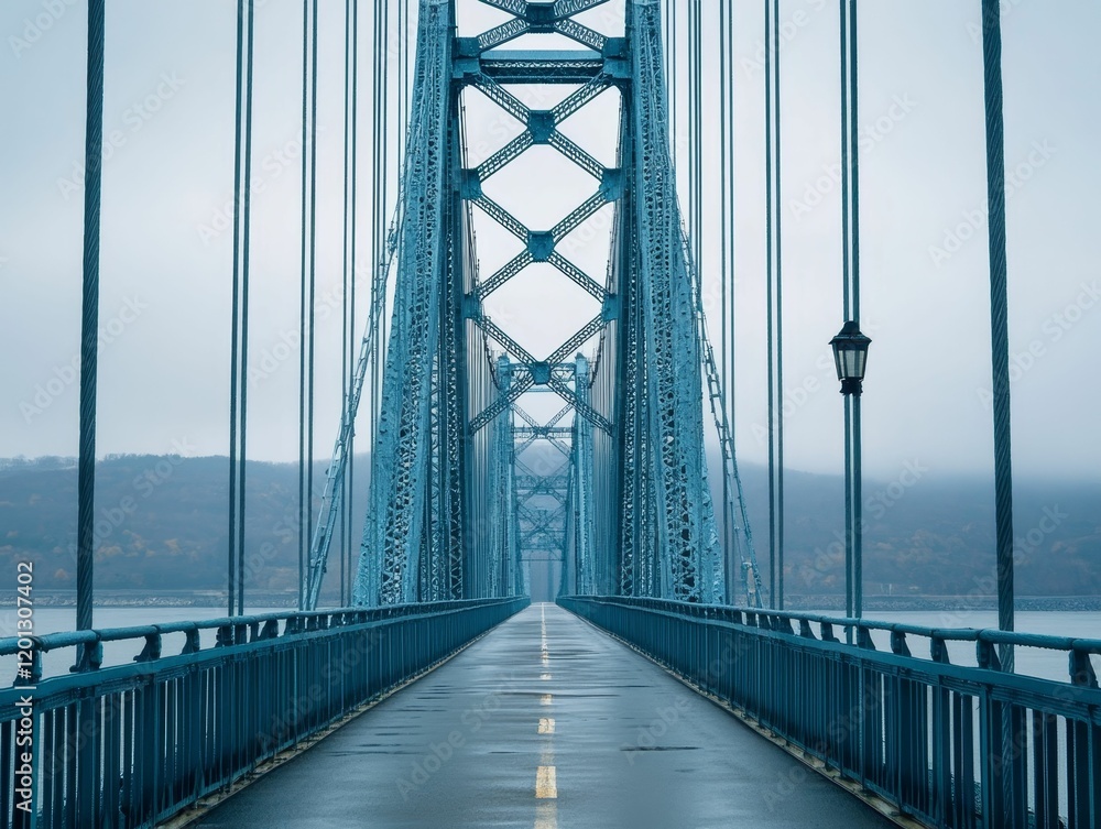 Fototapeta premium Long bridge with towers, cables, and foggy horizon.