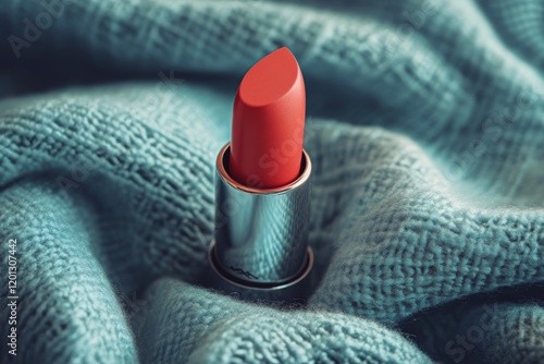 Bright red lipstick placed artistically on soft knit fabric