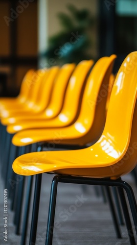 Bright yellow chairs arranged neatly in a modern space, enhancing the atmosph...