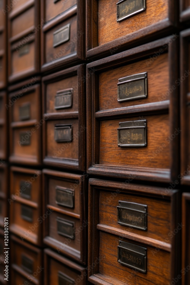 Fototapeta premium Vintage wooden library card catalog with brass handles and labels