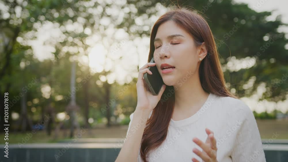 Concerned Woman Communicates on Her Smartphone in Serene Park at Sunset, Embracing Natures Beauty and Warm Sunlight While Expressing Her Thoughts. Concerned Woman Communicates on Her Smartphone in Serene Park at Sunset, Embracing Natures Beauty and Warm Sunlight While Expressing Her Thoughts.