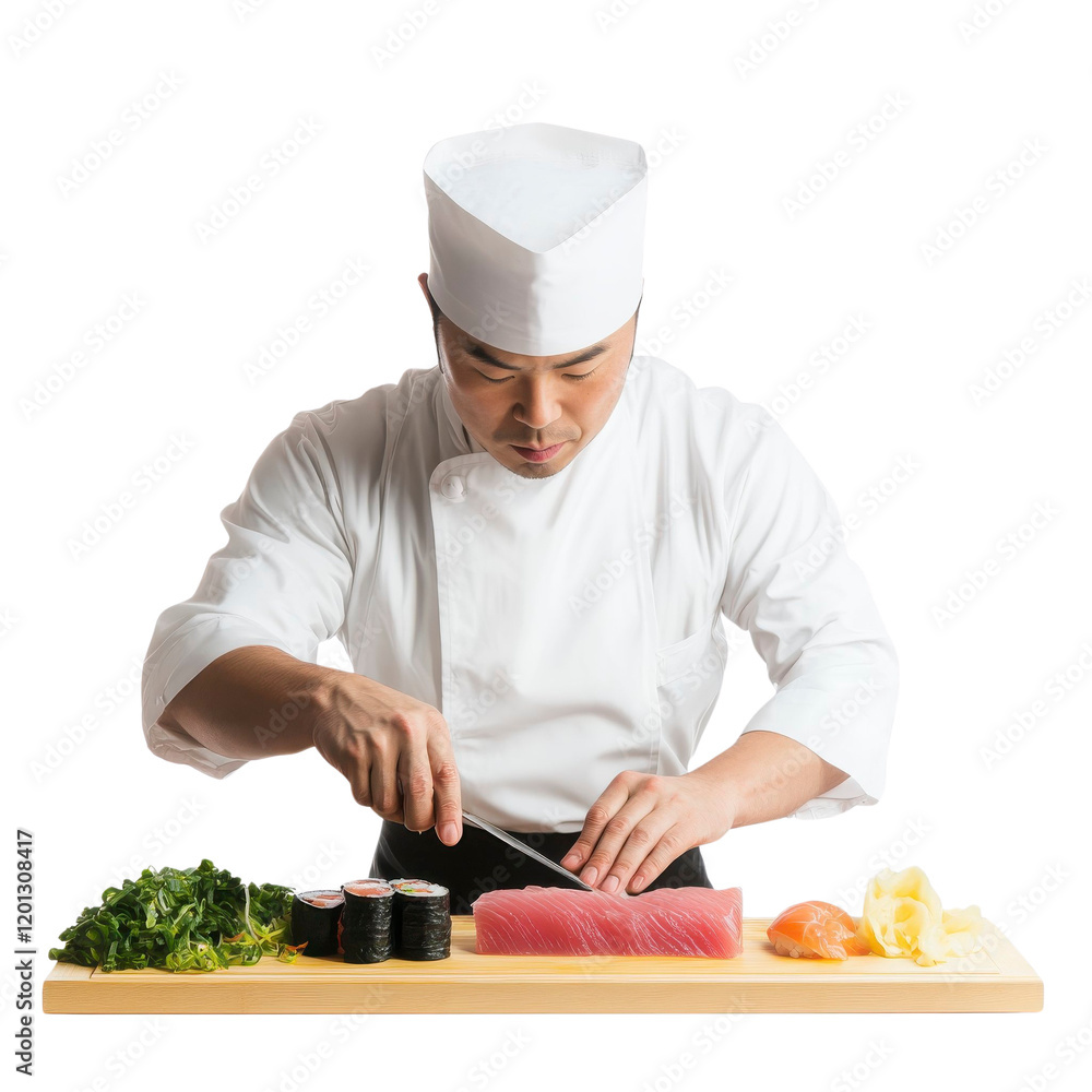 Close-Up of Sushi Chef Skillfully Preparing Fresh Tuna in the Kitchen Close-Up of Sushi Chef Skillfully Preparing Fresh Tuna in the Kitchen