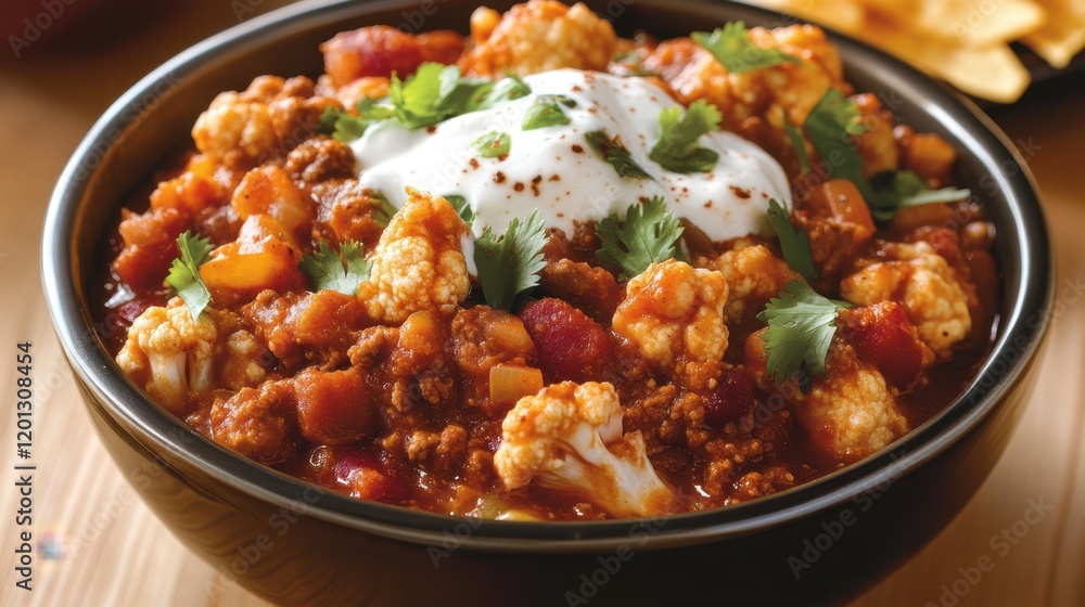 Hearty cauliflower chili bowl with sour cream and cilantro garnish Hearty cauliflower chili bowl with sour cream and cilantro garnish