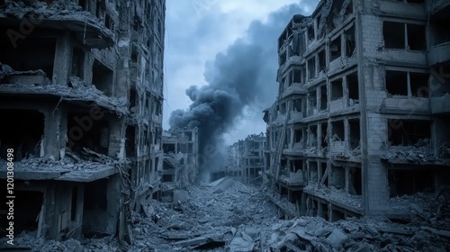 Destruction in urban war zone with smoke and debris photo