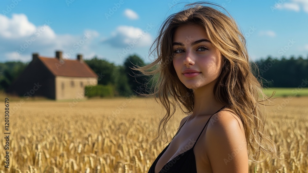 Young woman in wheat field, looking at camera. Young woman in wheat field, looking at camera.