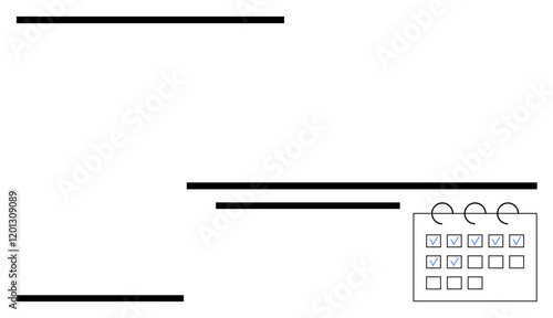 Horizontal lines represent text, accompanied by a small calendar showing dates with checkboxes marked. Ideal for scheduling, organization, planning, productivity, focus, minimalism, abstract line