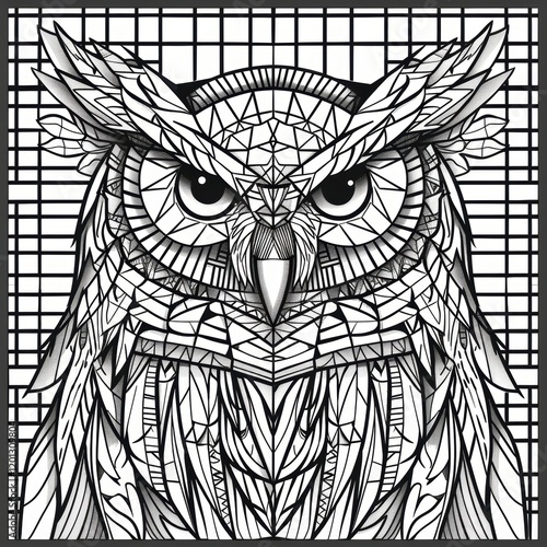 Illustration of owl in mosaic style, 2D line drawing.