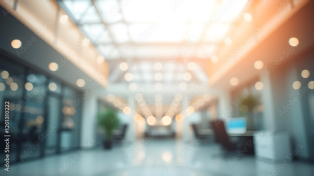 Blurred empty open space office. Abstract light bokeh at office interior background. Generative AI Blurred empty open space office. Abstract light bokeh at office interior background. Generative AI