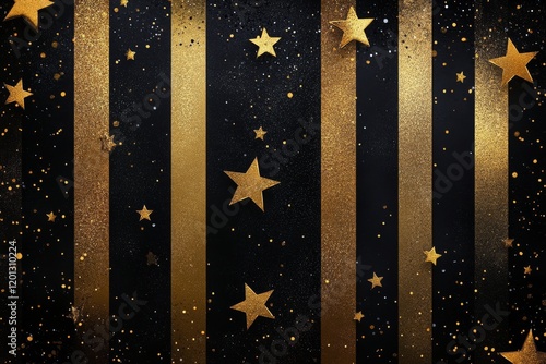 Golden stars and sparkles create a festive atmosphere in a dark background