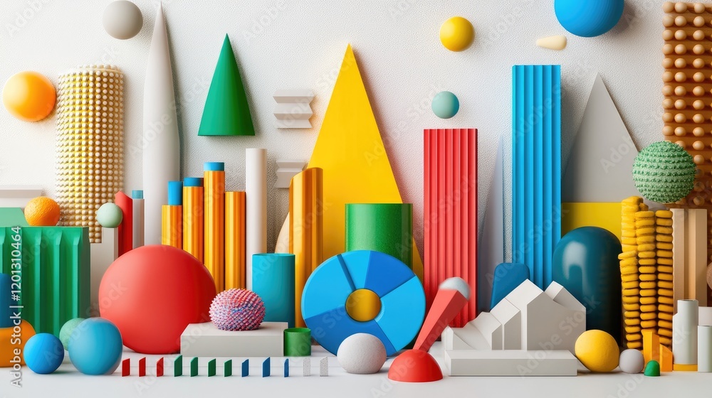 Obraz premium Abstract D pie and bar graphs in vibrant colors, arranged against a minimalistic white background to emphasize data visualization