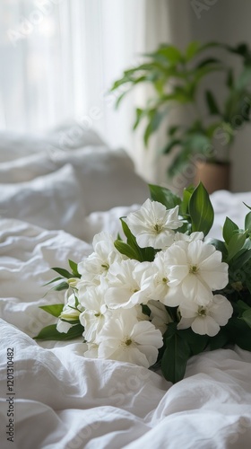 Fresh white flowers in a cozy bedroom with soft bedding and natural light