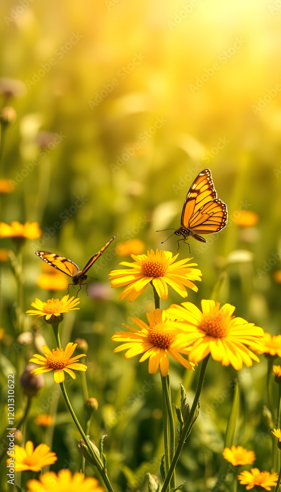 Cheerful buoyant spring summer shot of yellow Santolina flowers and butterflies in meadow in nature outdoors on bright sunny day, macro. Soft selective focus, color sketch, with white tones Cheerful buoyant spring summer shot of yellow Santolina flowers and butterflies in meadow in nature outdoors on bright sunny day, macro. Soft selective focus, color sketch, with white tones