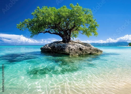 isolated tropical island with a single tree growing on a rock surrounded by crystal-clear turquoise waters, soft sandy beaches, and a bright blue sky, perfect for a peaceful holiday retreat