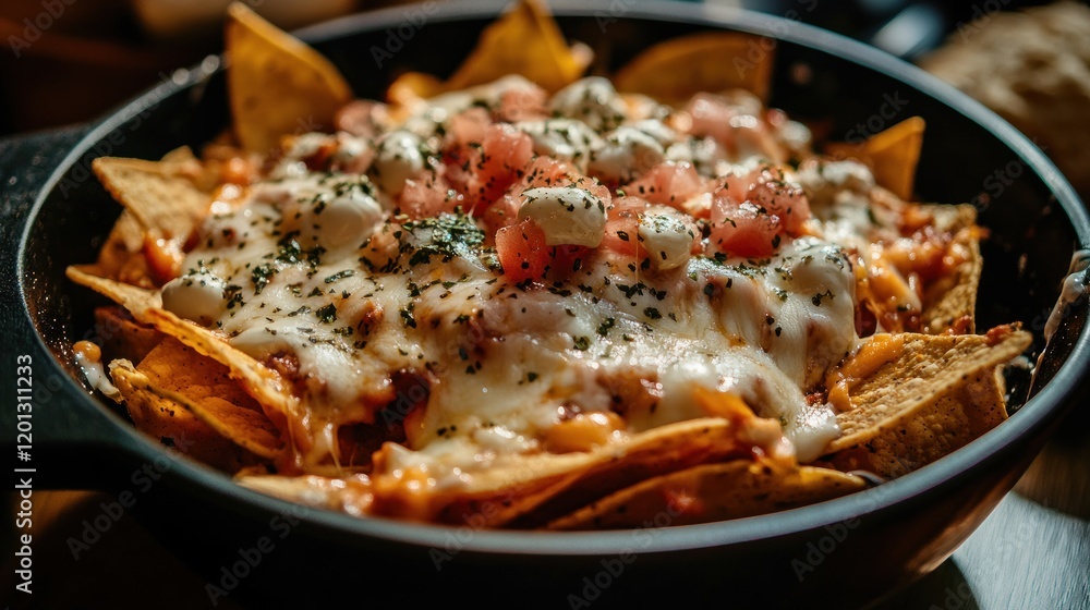 Cheesy Nachos with Tomatoes and Herbs in a Bowl Cheesy Nachos with Tomatoes and Herbs in a Bowl