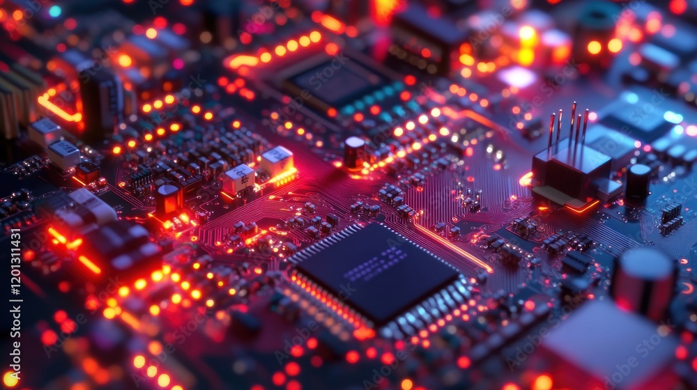 Illuminated Circuit Board Components Displaying Technological Advancement Illuminated Circuit Board Components Displaying Technological Advancement
