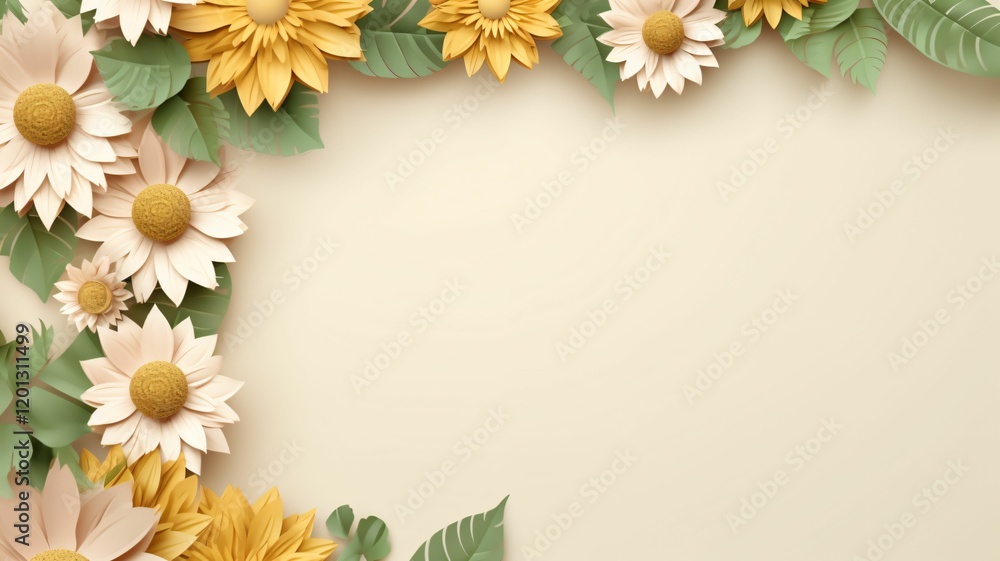 Fototapeta premium Beautiful Floral Frame with Paper Flowers and Green Leaves Design