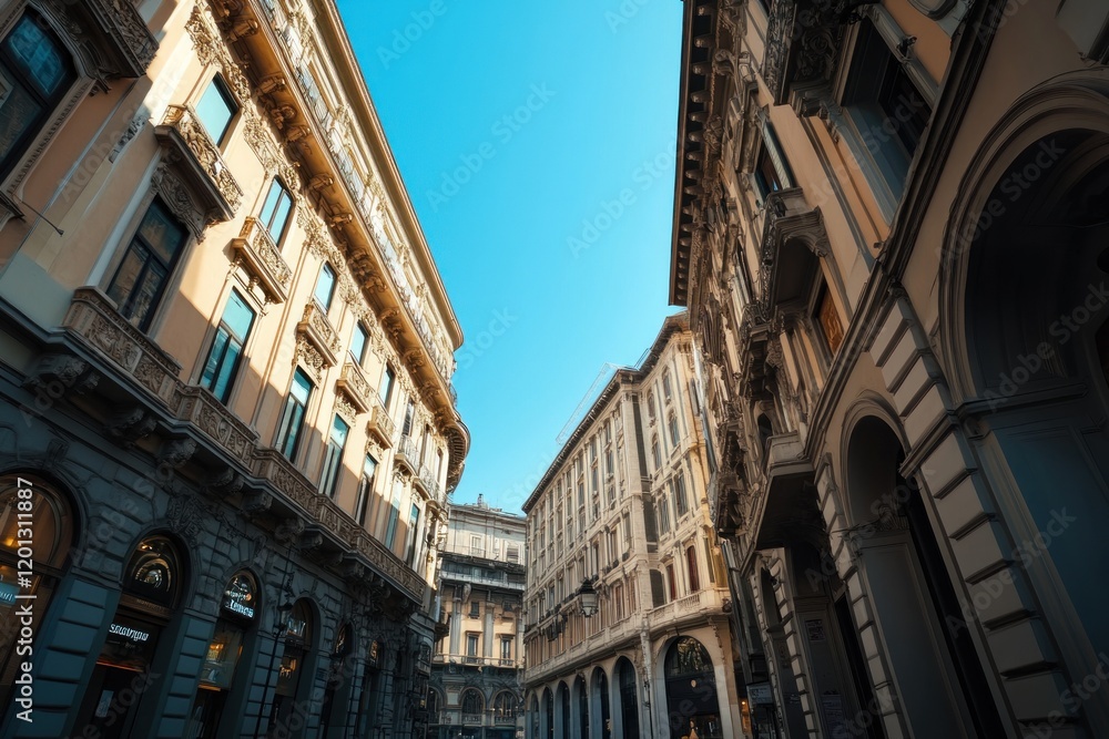 Italian city street, upward view, buildings, sunlight, travel, architecture, urban, background, tourism, poster Italian city street, upward view, buildings, sunlight, travel, architecture, urban, background, tourism, poster