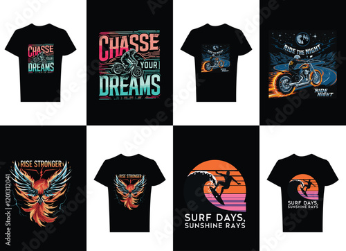 Four Dynamic and stylish T-shirt designs inspired by the thrill of riding, the spirit of surfing, and the power of strength.