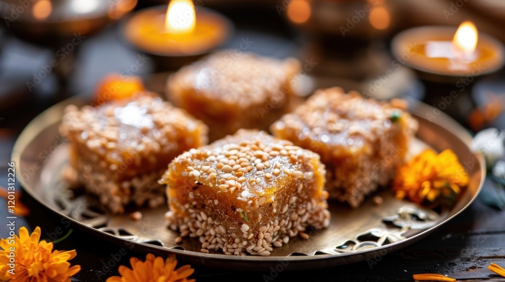 Traditional indian sweets with sesame garnish for festive occasions Makar Sankranti and Pongal traditional dessert Traditional indian sweets with sesame garnish for festive occasions Makar Sankranti and Pongal traditional dessert
