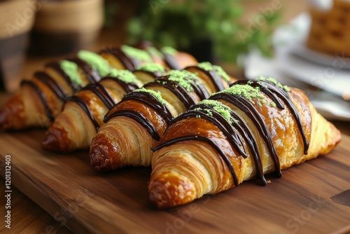 Delicious pastry rolls with creamy filling and chocolate drizzle on a wooden ...