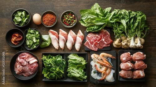 An artistic arrangement of mookata ingredients, including fresh greens, seafood, and various meats, on a rustic wooden table, highlighting the freshness and variety available photo